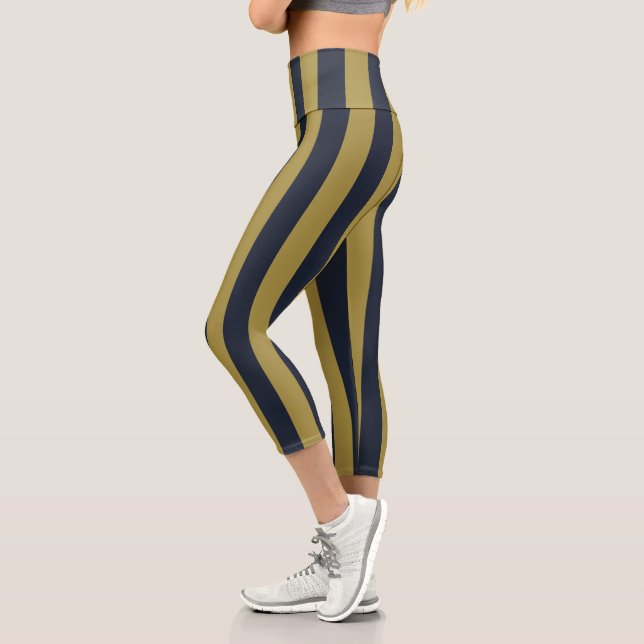Elegante vertikale Streifen aus Gold und Navy Capri Leggings (Links)