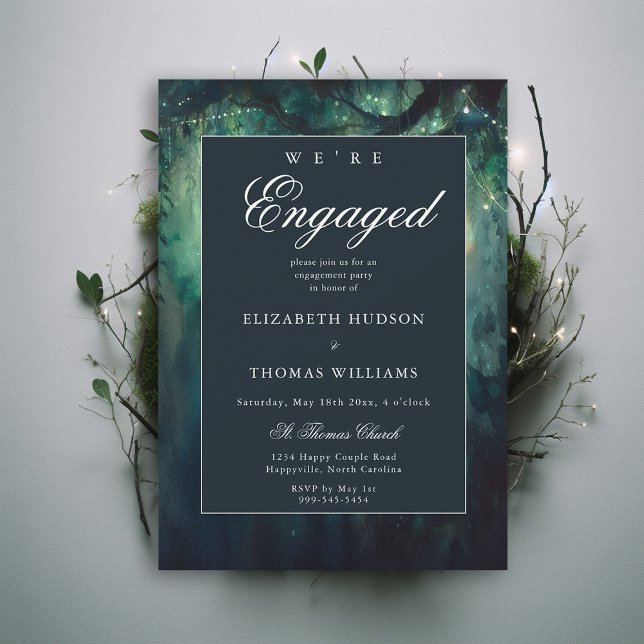 Elegante Verzauberte Forest Emerald Engagement Par Einladung (enchanted forest were engaged engagement party invitation emerald classic elegant modern garden)
