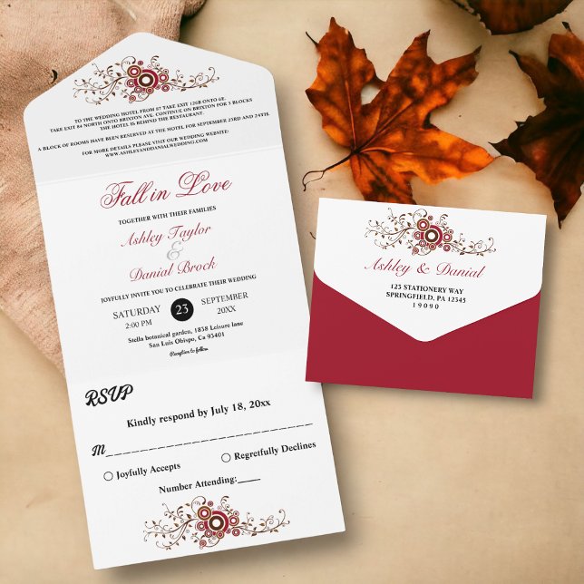 Elegante Verzierte Burgund-Blätter fallen blutige  All In One Einladung (Von Creator hochgeladen)
