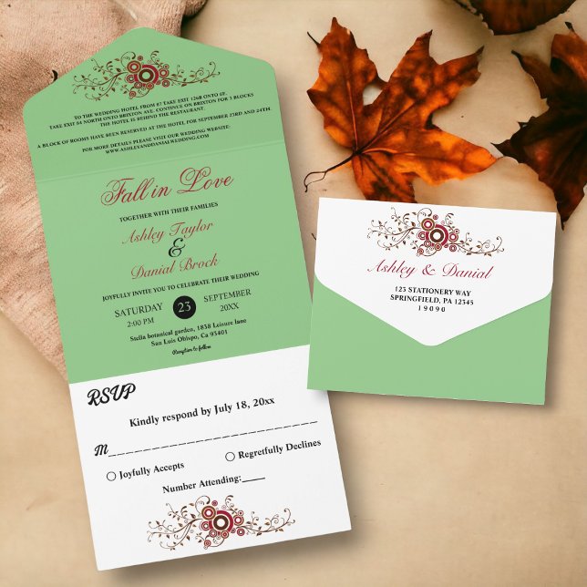 Elegante Verzierte Foliage Sage Fall Blumenhochzei All In One Einladung (Von Creator hochgeladen)