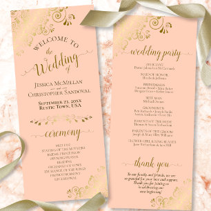 Elegante Verzierte Goldlace auf Coral Peach Weddin Programm