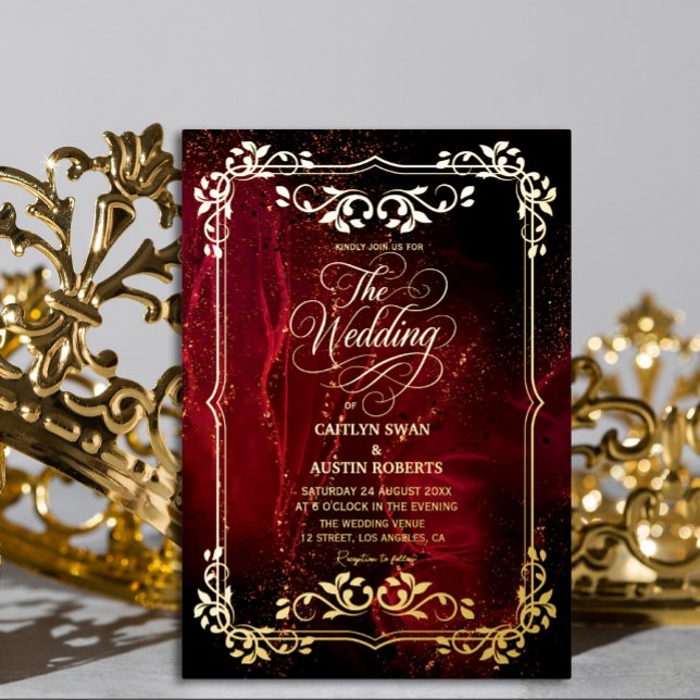 Elegante Verzierte Hochzeit in Rot und Gold Folieneinladung (Real Gold Foil Elegant wedding invitation #royal #redandgold #decorative #luxuryinvitation)