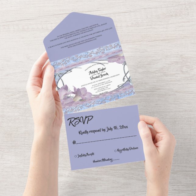 Elegante Verzierte Lila Rose Delikate Hochzeit All In One Einladung (Abreißen)