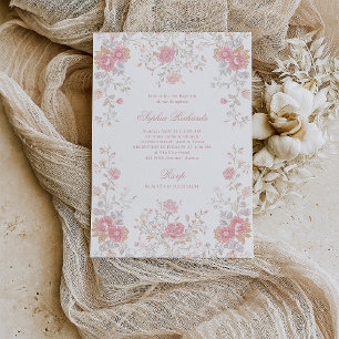 Elegante verzierte rosa Rosen Taufe Einladung