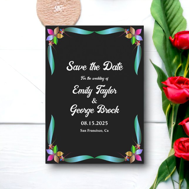 Elegante Verzierte Shiny Black Modern Floral Weddi Save The Date (Von Creator hochgeladen)