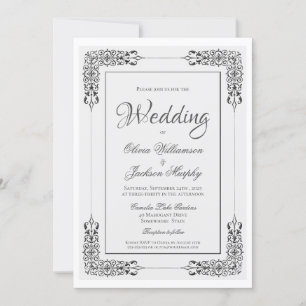 Elegante Verzierte Silbergraue und weiße Hochzeit Einladung