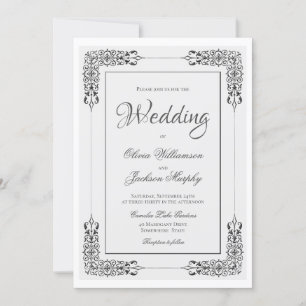 Elegante Verzierte Silbergraue und weiße Hochzeit Einladung