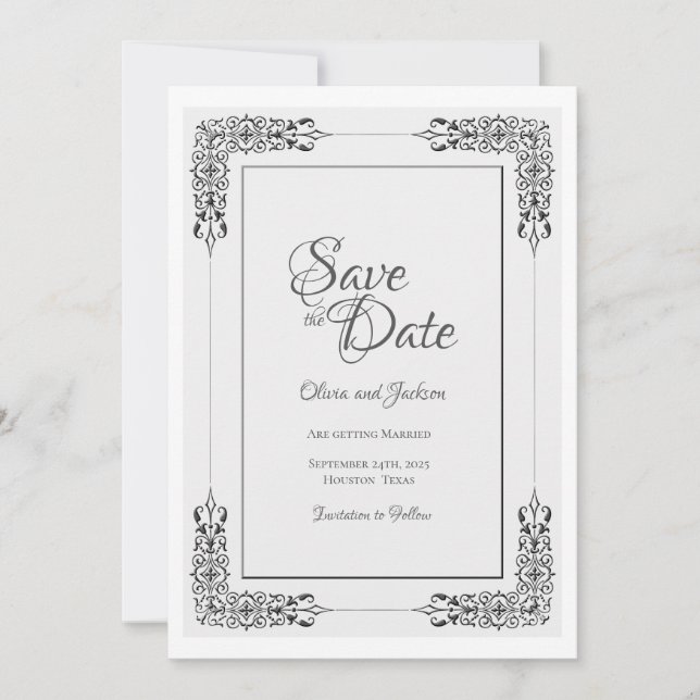Elegante Verzierte Silver Gray Lace Border Wedding Save The Date (Vorderseite)