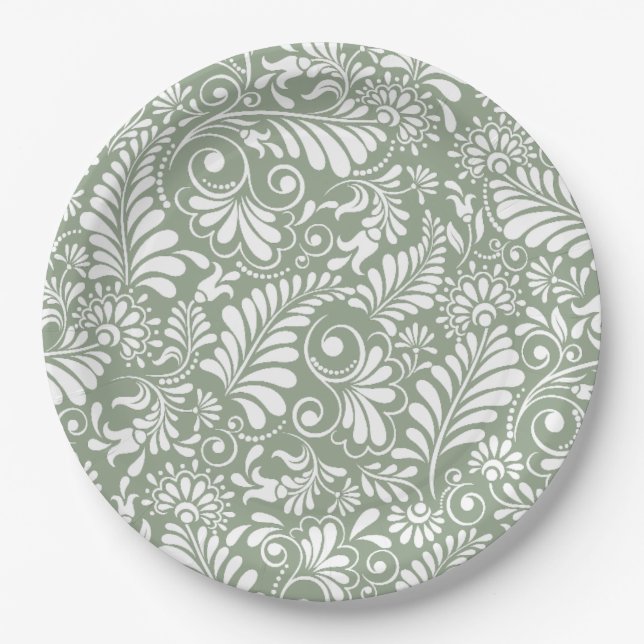 Elegante Verzierte Swirl Sage Green Floral Wedding Pappteller (Vorderseite)