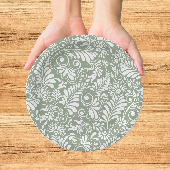 Elegante Verzierte Swirl Sage Green Floral Wedding Pappteller (Von Creator hochgeladen)