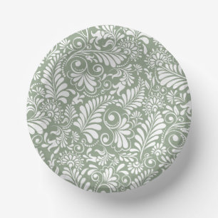 Elegante Verzierte Swirl Sage Green Floral Wedding Pappteller