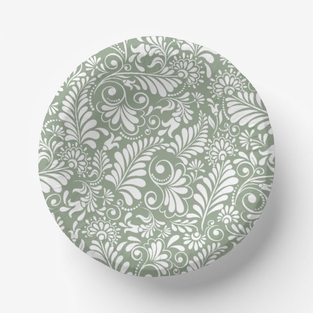 Elegante Verzierte Swirl Sage Green Floral Wedding Pappteller (Vorderseite)