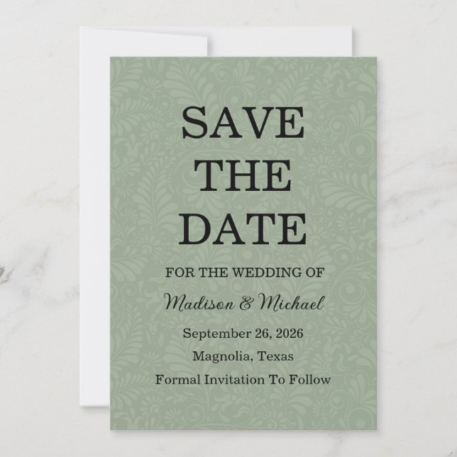 Elegante Verzierte Swirl Sage Green Floral Wedding Save The Date (Vorderseite)