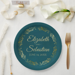 Elegante verzierte Umrandung dunkles Teal und Gold Pappteller