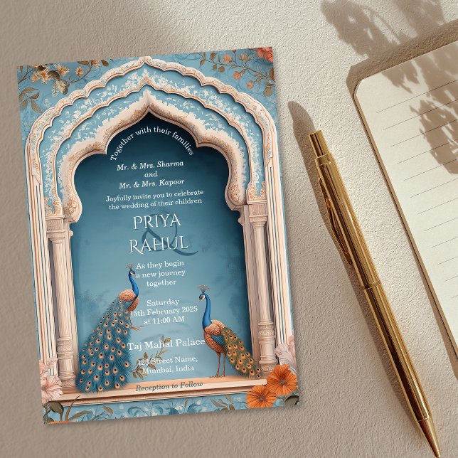 Elegante Verzierte, Vintage Peacocks indische Hoch Einladung (blue indian arch with two peacocks wedding invitation)