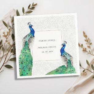 Elegante Verzierte Wasserfarbenpfauenhochzeit Serviette