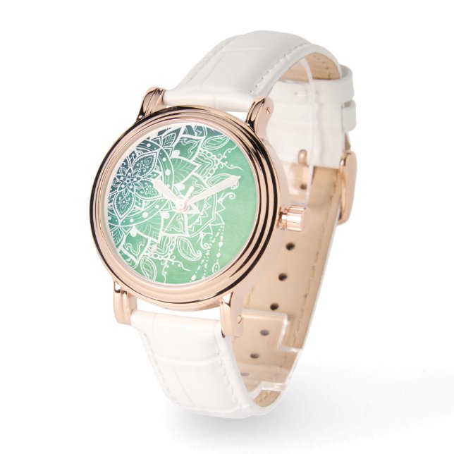 Elegante Verzierte Zen Mandala Rosette Grüntöne Armbanduhr (Winkel)