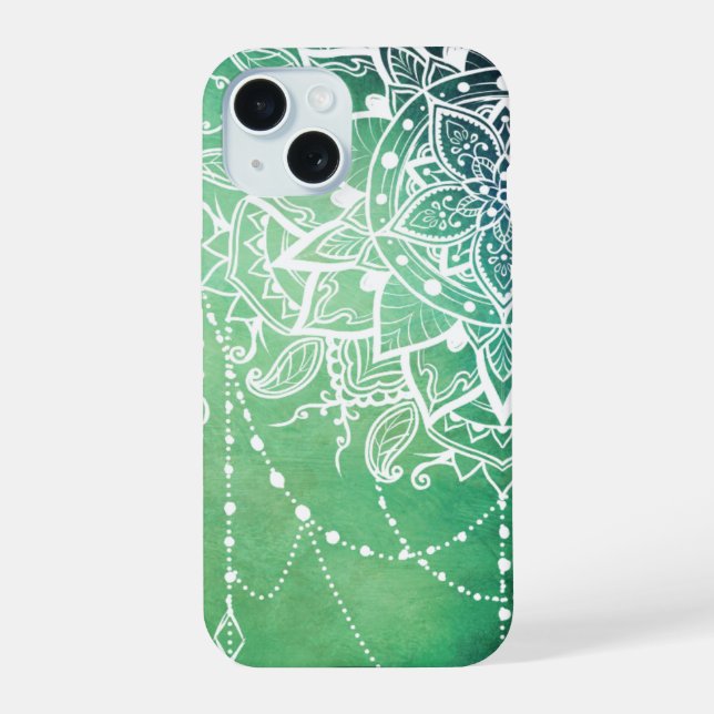 Elegante Verzierte Zen Mandala Rosette Grüntöne iPhone 15 Hülle (Rückseite)