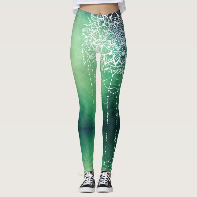Elegante Verzierte Zen Mandala Rosette Grüntöne Leggings (Vorderseite)