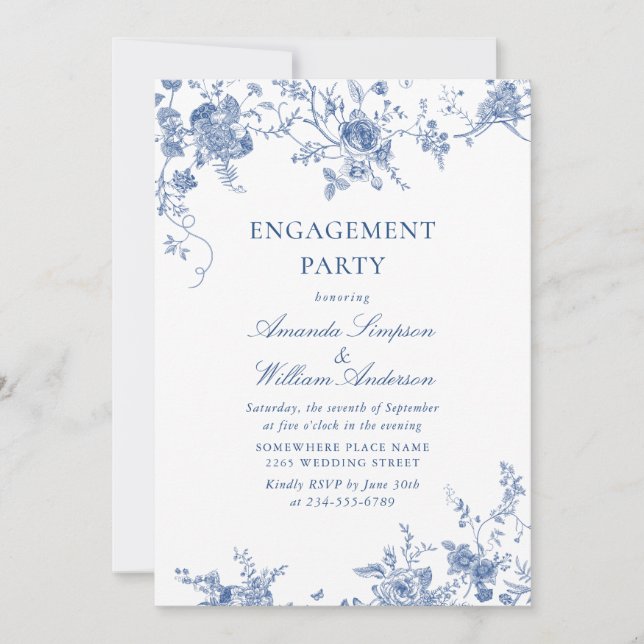 Elegante Viktorianisch Blue Floral ENGAGEMENT PART Einladung (Vorderseite)