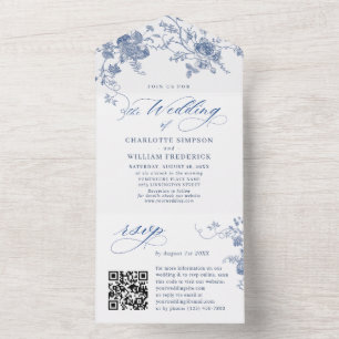 Elegante Viktorianisch Blue French Floral Wedding All In One Einladung