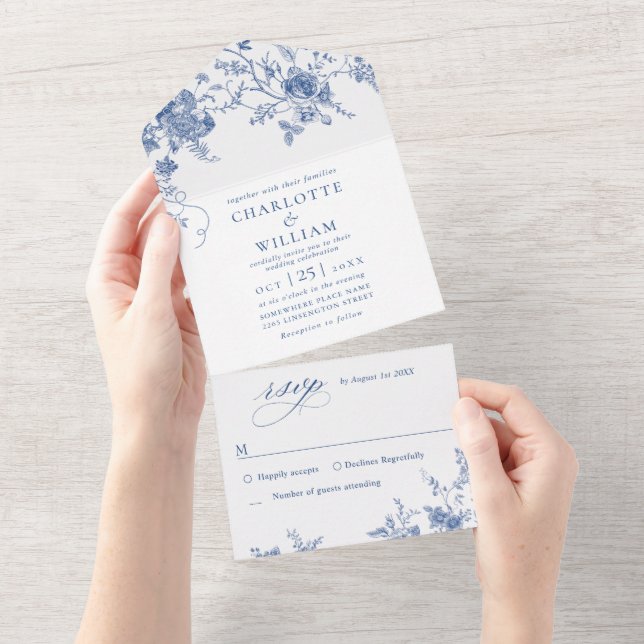 Elegante Viktorianisch Blue French Floral Wedding All In One Einladung (Abreißen)