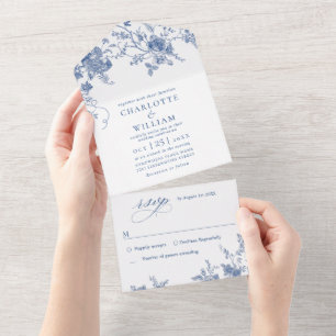Elegante Viktorianisch Blue French Floral Wedding All In One Einladung