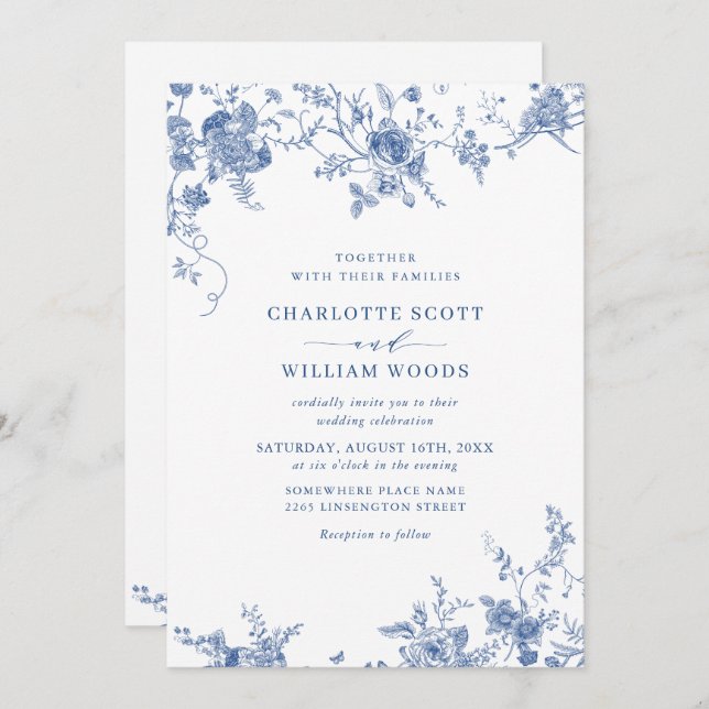 Elegante Viktorianisch Blue French Floral Wedding Einladung (Vorne/Hinten)