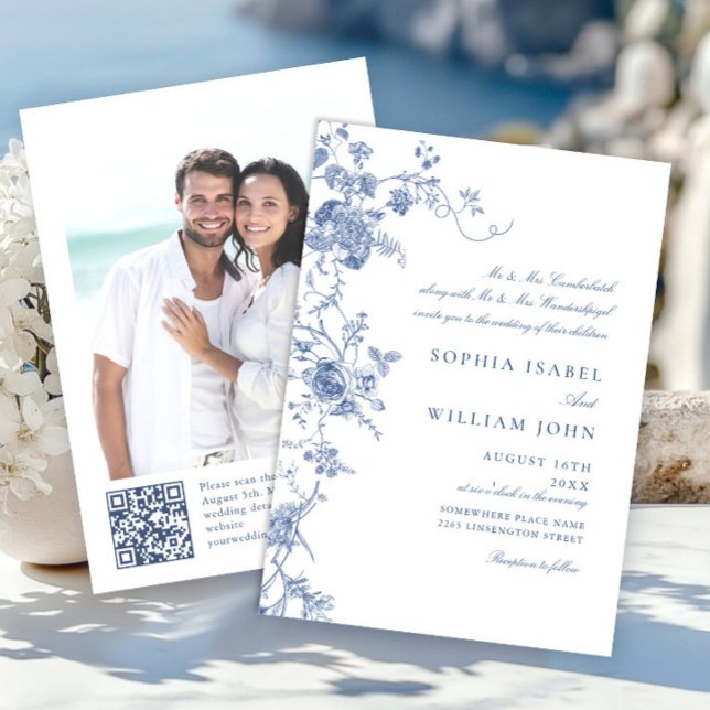 Elegante Viktorianisch Blue French Floral Wedding Einladung (Von Creator hochgeladen)