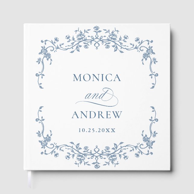 Elegante Viktorianisch Blue French Floral Wedding Gästebuch (Vorderseite)