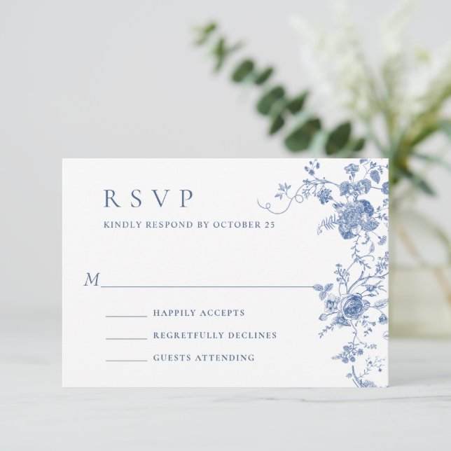 Elegante Viktorianisch Blue French Floral Wedding RSVP Karte (Stehend Vorderseite)