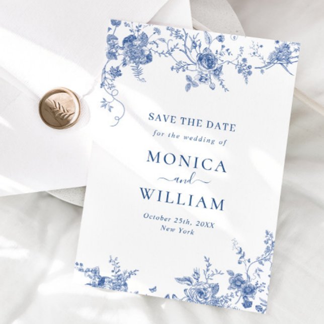 Elegante Viktorianisch Blue French Floral Wedding Save The Date (Von Creator hochgeladen)