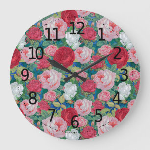 Elegante viktorianische Aquarell-Rosen in Rot und Große Wanduhr