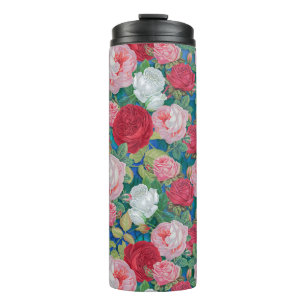 Elegante viktorianische Aquarell-Rosen in Rot und Thermosbecher