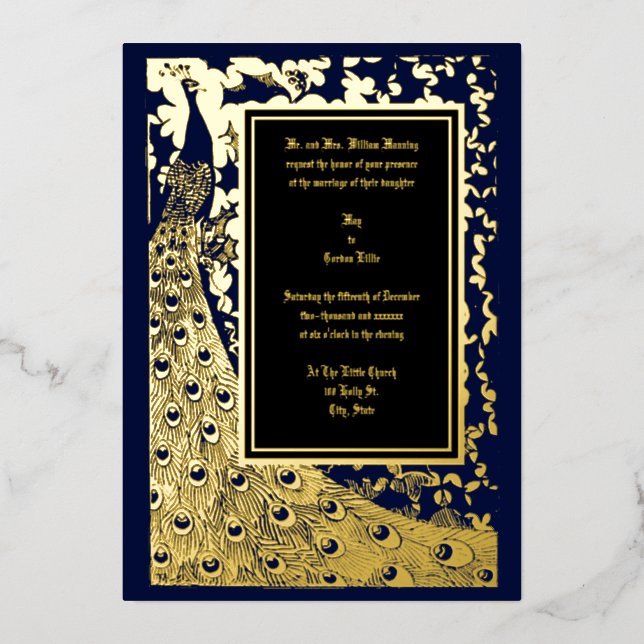 Elegante Viktorianische Ära Jugendstil Pfauenhochz Folieneinladung (Vorderseite)