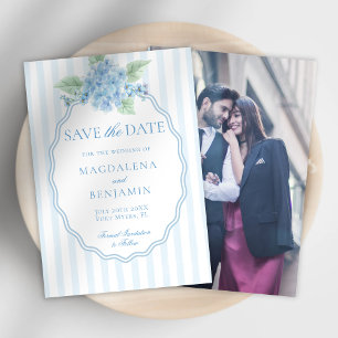 Elegante viktorianische blaue Hortensien-Foto-Hoch Save The Date