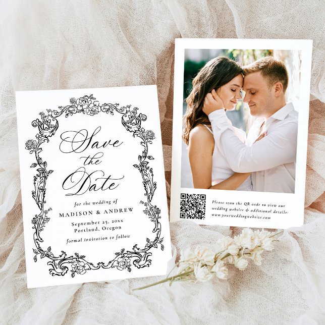Elegante viktorianische Blumen-QR-Code-Hochzeit Save The Date (Von Creator hochgeladen)