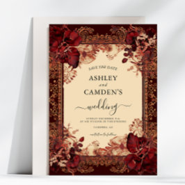Elegante viktorianische rote Goldhochzeit Save The Date