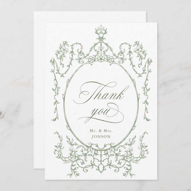 Elegante Viktorianische Verzierte Blumenfeier Grün Dankeskarte (Vorne/Hinten)
