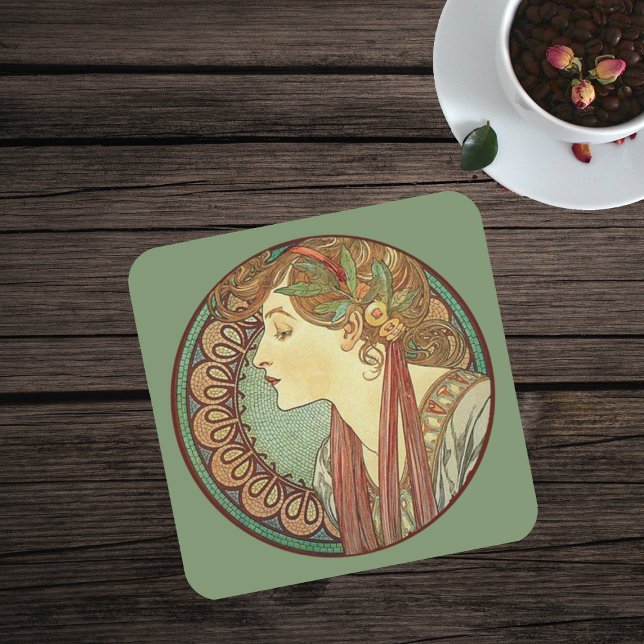 Elegante Vintag Art Deco Lady Circle Mosaik Getränkeuntersetzer (Vintage image lady flowers in hair on green and dark red mosaics on green drink coaster.)
