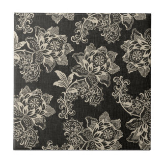 Elegante Vintag Black and Cream Florals und Damask Fliese