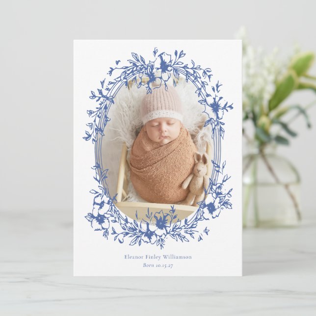 Elegante Vintag Blue Frame Foto Baby Birth Ankündigung (Stehend Vorderseite)
