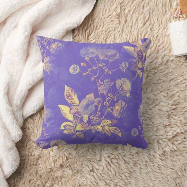 Elegante Vintag Blue Gold Floral Illustration Kissen (Decke)