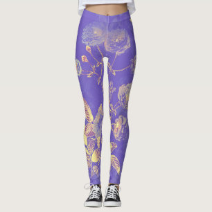 Elegante Vintag Blue Gold Floral Illustration Leggings