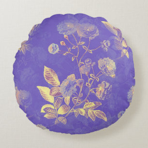 Elegante Vintag Blue Gold Floral Illustration Rundes Kissen