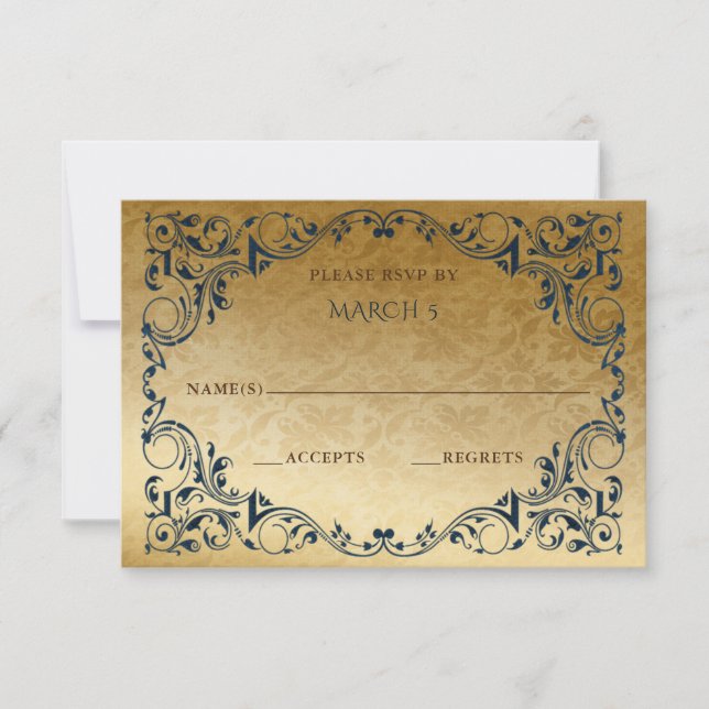 Elegante Vintag Blue Gold RSVP Card (Vorderseite)