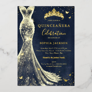 Elegante Vintag Butterfly Navy Gold Quinceanera Folieneinladung