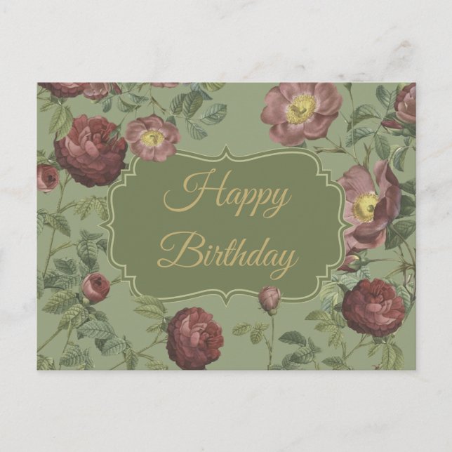 Elegante Vintag Garden Rose Happy Birthday Postkarte (Vorderseite)
