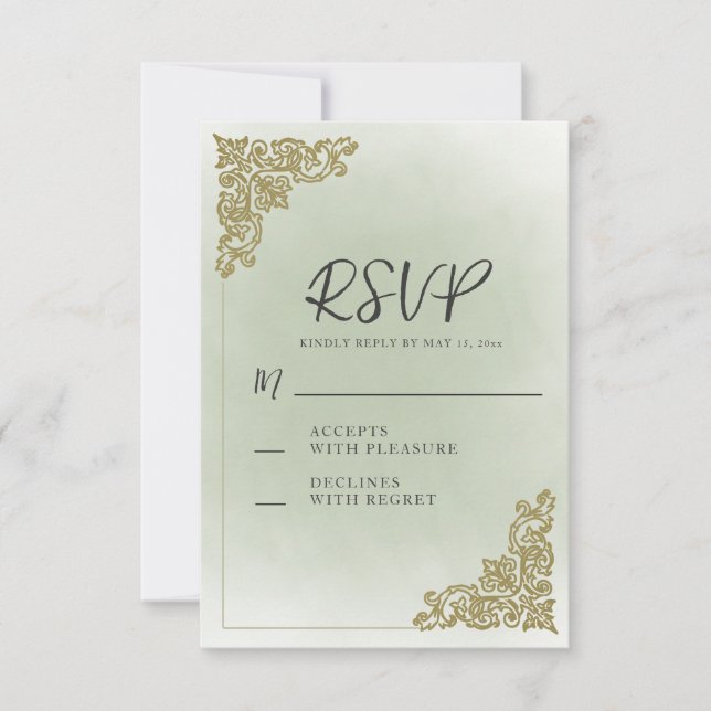 Elegante Vintag Sage Green Gold Hochzeit RSVP Karte (Vorderseite)
