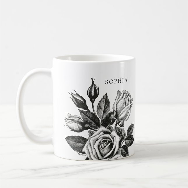 Elegante Vintag Tea Rose | Schwarz und Weiß Kaffeetasse (Links)